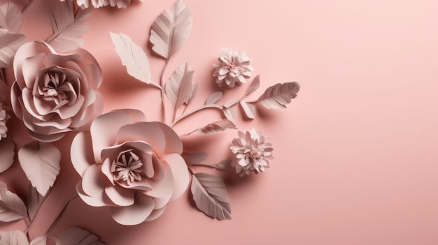 Flores y hojas artesanales de corte de papel AI generativo origami floral de color rosa claro