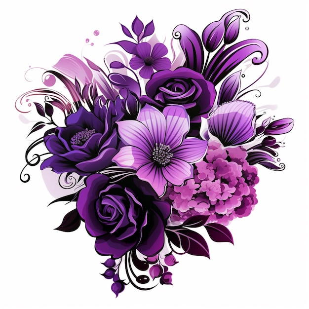 Foto flores y hojas de color púrpura están dispuestas en un ramo sobre un fondo blanco ai generativo