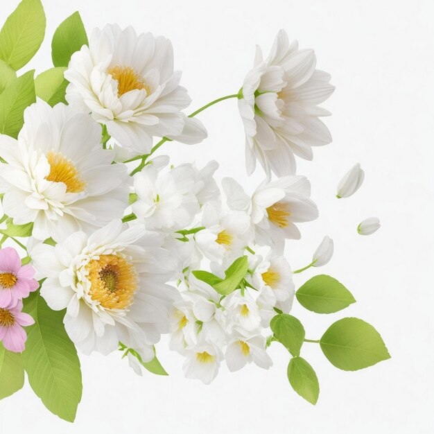 Foto flores y hojas de primavera sobre un fondo blanco