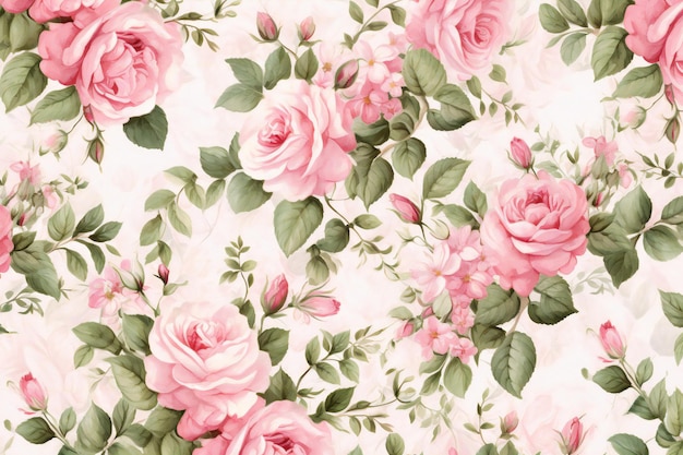 Foto flores y hojas de rosa con patrón sin costuras sobre fondo blanco estilo vintage