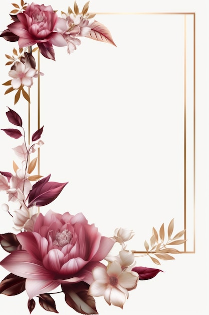 flores y hojas rosadas en un marco cuadrado sobre un fondo blanco