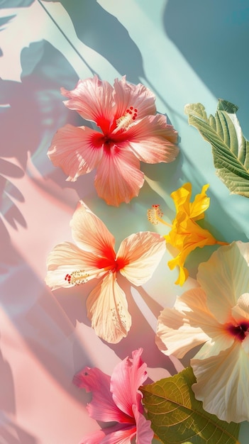 Flores y hojas sobre un fondo artístico de color pastel