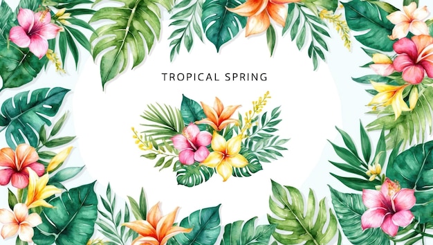 Flores y hojas tropicales vibrantes enmarcan perfectamente para decoraciones botánicas y eventos
