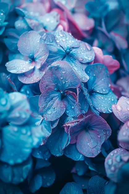 Foto flores de hortensia azul y púrpura vibrantes con gotas de rocío en contraste con un fondo de tonos fríos para