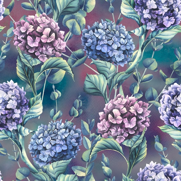 Flores de hortensia de flores lilas azules y rosas con ramas de eucalipto sobre un fondo de lavado Ilustración acuarela Patrón sin costuras de la colección FLORES DE BODA Para el diseño de decoración