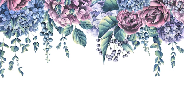 Flores de hortensia ramas de eucalipto rosas y bayas decorativas Banner horizontal Ilustración acuarela de la colección FLORES DE BODA Para diseño y decoración