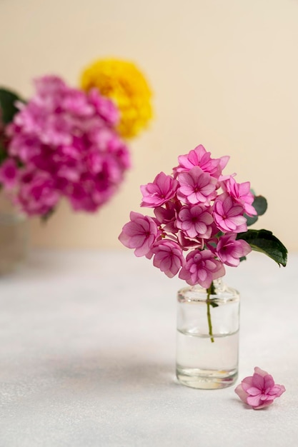 Flores de hortensia rosa en un jarrón Tarjeta de felicitación de ramo de flores de verano colorido