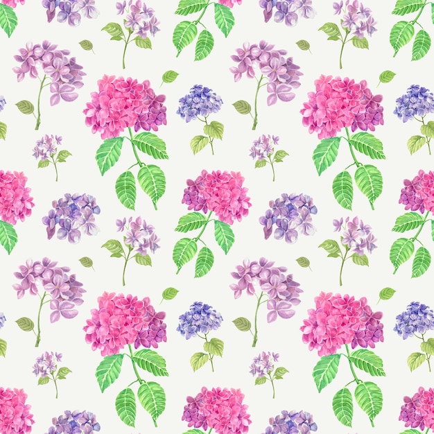 Flores de hortensia rosadas y púrpuras hojas verdes patrón sin costuras en un fondo blanco acuarela