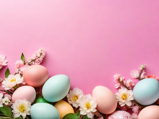 Foto flores y huevos de pascua en un fondo de colores de primer plano de pascua