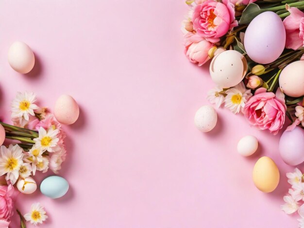 Foto flores y huevos de pascua en un fondo de colores de primer plano de pascua