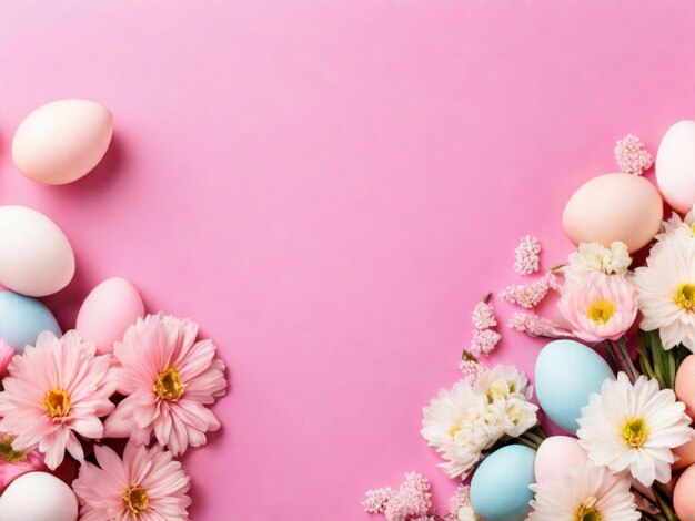 Foto flores y huevos de pascua en un fondo de colores de primer plano de pascua