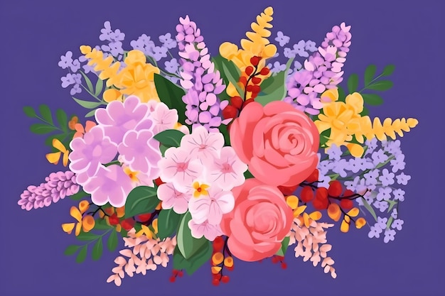 Flores de ilustración plana arreglo botánico ramo floral festivo colores de caramelo brillante sobre fondo lila Feliz día de la mujer de San Valentín de las madres concepto de vacaciones Ai generado