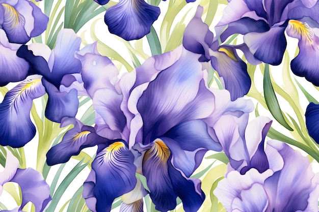 Flores de iris acuarela azulejosa dibujada a mano con un patrón sin costuras creado con IA generativa