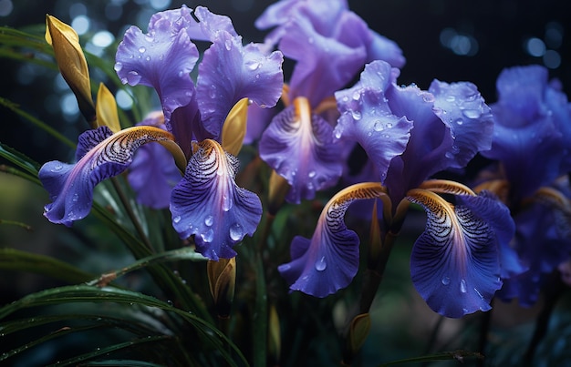 Foto flores de iris púrpura con gotas de agua en los pétalos