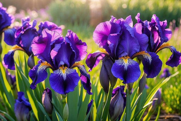 Foto flores de iris púrpura en la luz de la mañana