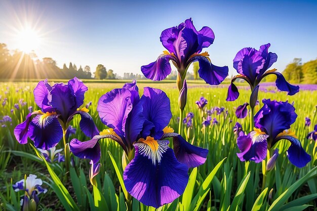 Foto flores de iris púrpura en la luz de la mañana