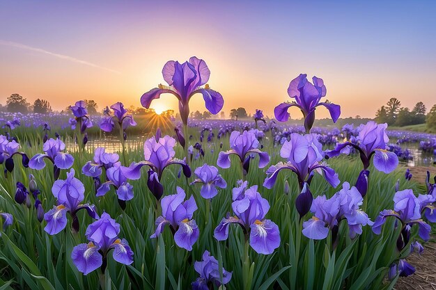 Foto flores de iris púrpura en la luz de la mañana