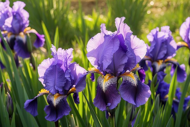 Foto flores de iris púrpura en la luz de la mañana