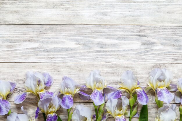 Flores de iris sobre fondo de madera