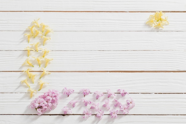 Flores de jacintos sobre superficie de madera blanca