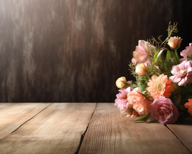 Flores de jardín en el fondo de una mesa de madera