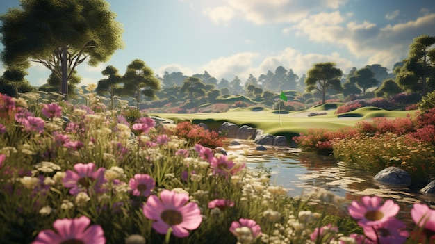 Entre las flores del jardín, los golfistas practican poner verde el campo de golf. Imagen generada por la IA.