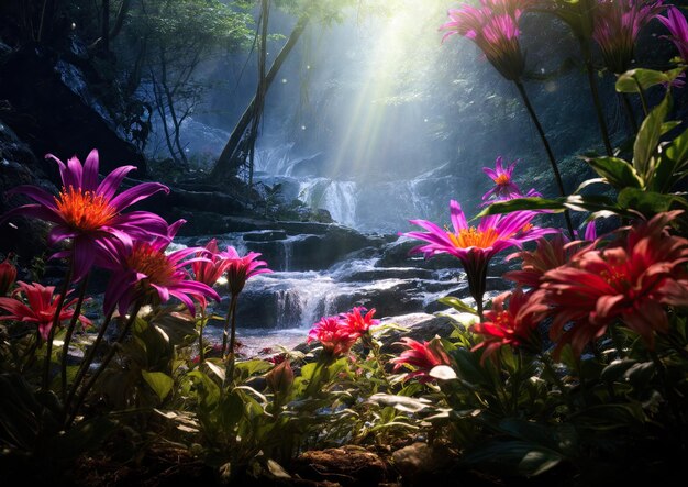 Flores en el jardín con luz solar y fondo de cascada