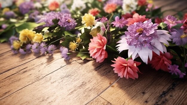 flores de jardín en una mesa de madera