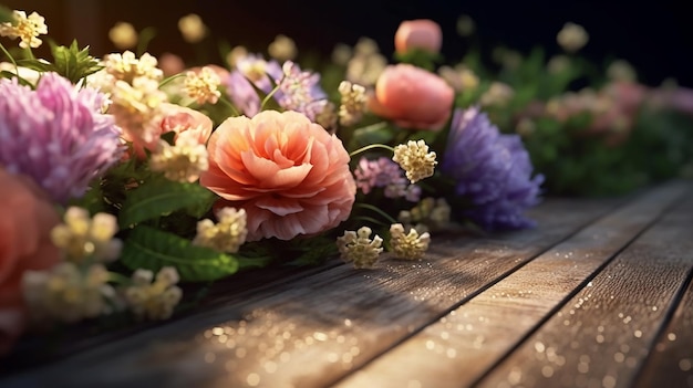 flores de jardín en una mesa de madera