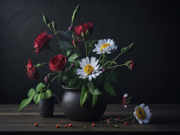 Flores de jardín sobre fondo de mesa de madera ai generativo