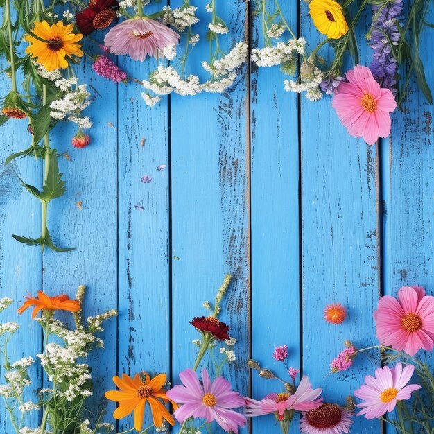 Flores de jardín sobre fondo de mesa de madera azul telón de fondo con espacio de copia