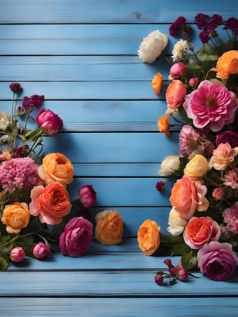 Flores de jardín sobre fondo de mesa de madera azul