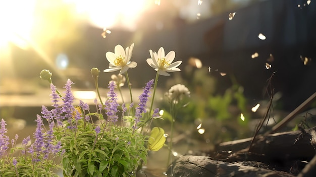 Flores en un jardín con un sol de fondo