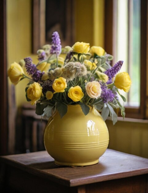 Foto flores en un jarrón en el estilo de la fotografía de mesa amarillo claro y violeta claro