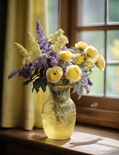 flores en un jarrón en el estilo de la fotografía de mesa amarillo claro y violeta claro