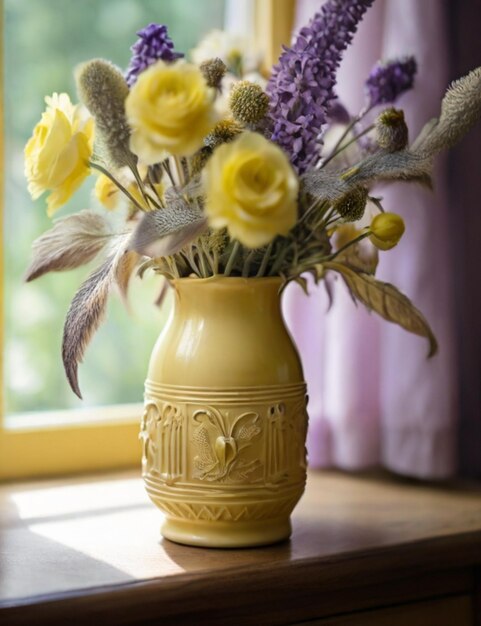 flores en un jarrón en el estilo de la fotografía de mesa amarillo claro y violeta claro