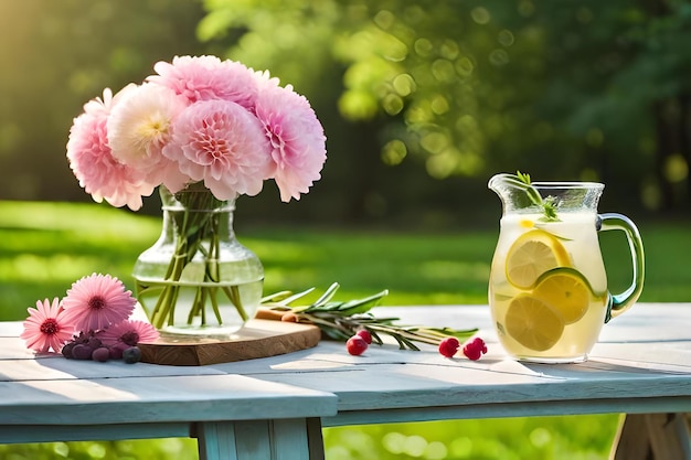 Flores en un jarrón con un jarrón de agua y limones sobre una mesa.