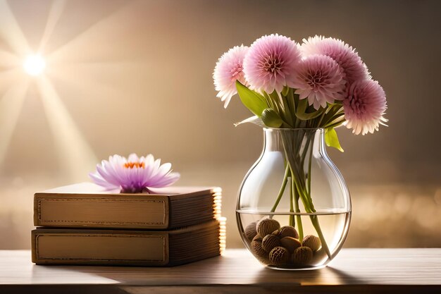 flores en un jarrón con un libro y una flor en la mesa