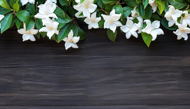 Flores de jazmín blanco sobre un fondo de madera negra con espacio para copiar