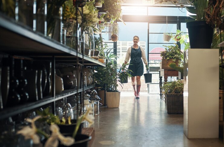 Flores jovem florista carregando plantas em baldes e em viveiro de plantas com reflexo de lente Agricultura ou pegada de carbono ambiente ecológico e trabalhadora em pequenas empresas no varejo de flores