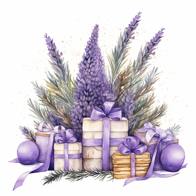 flores de lavanda y cajas de regalos con cintas y arcos púrpuras