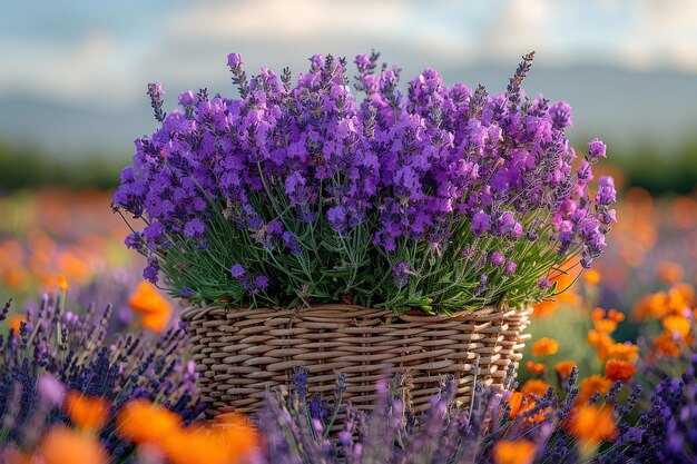 Flores de lavanda en una canasta en el campo