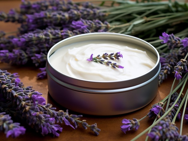 Flores de lavanda y frasco con crema producto natural batido generado ia