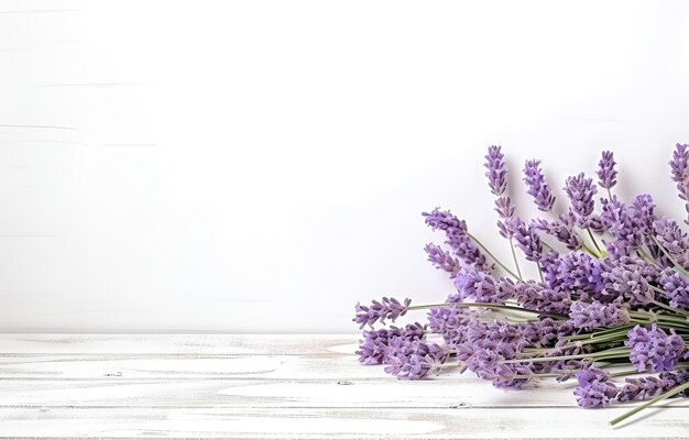 flores de lavanda frescas y hierbas en un fondo de mesa de madera blanca