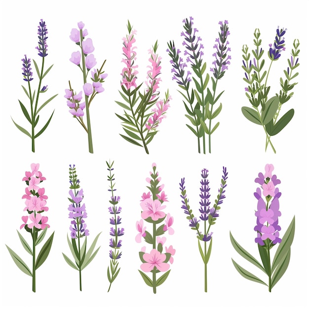 Las flores de lavanda de Provenza establecen hierbas florales francesas con flores rosadas y violetas
