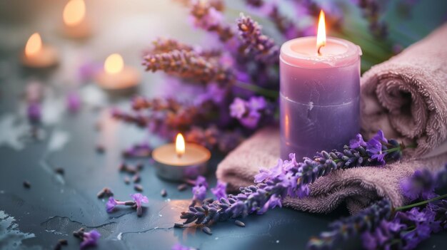 las flores de lavanda y una vela están en una mesa con toallas generativas ai