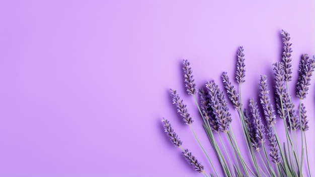 Flores de lavanda violeta dispuestas sobre fondo púrpura brillante