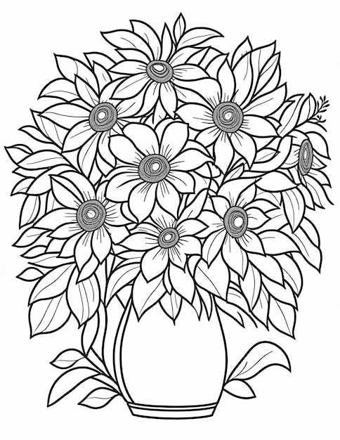 flores en un libro de colorear de jarrón