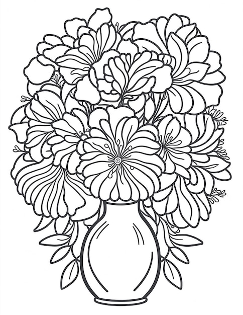 flores en un libro de colorear de jarrón