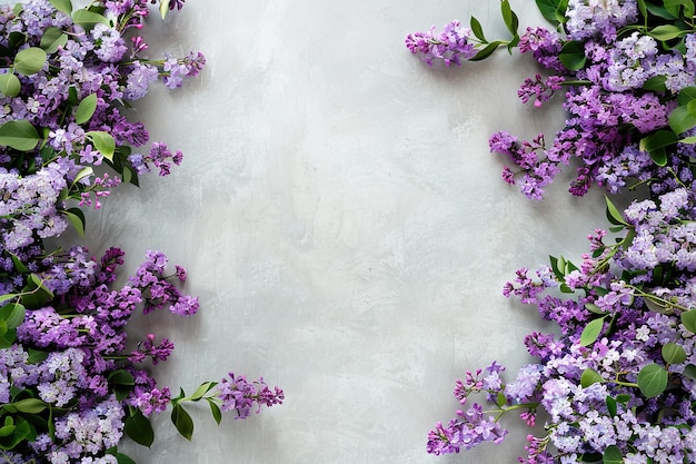 Las flores de lila enmarcan un fondo gris rústico ideal para una tarjeta con tema de primavera